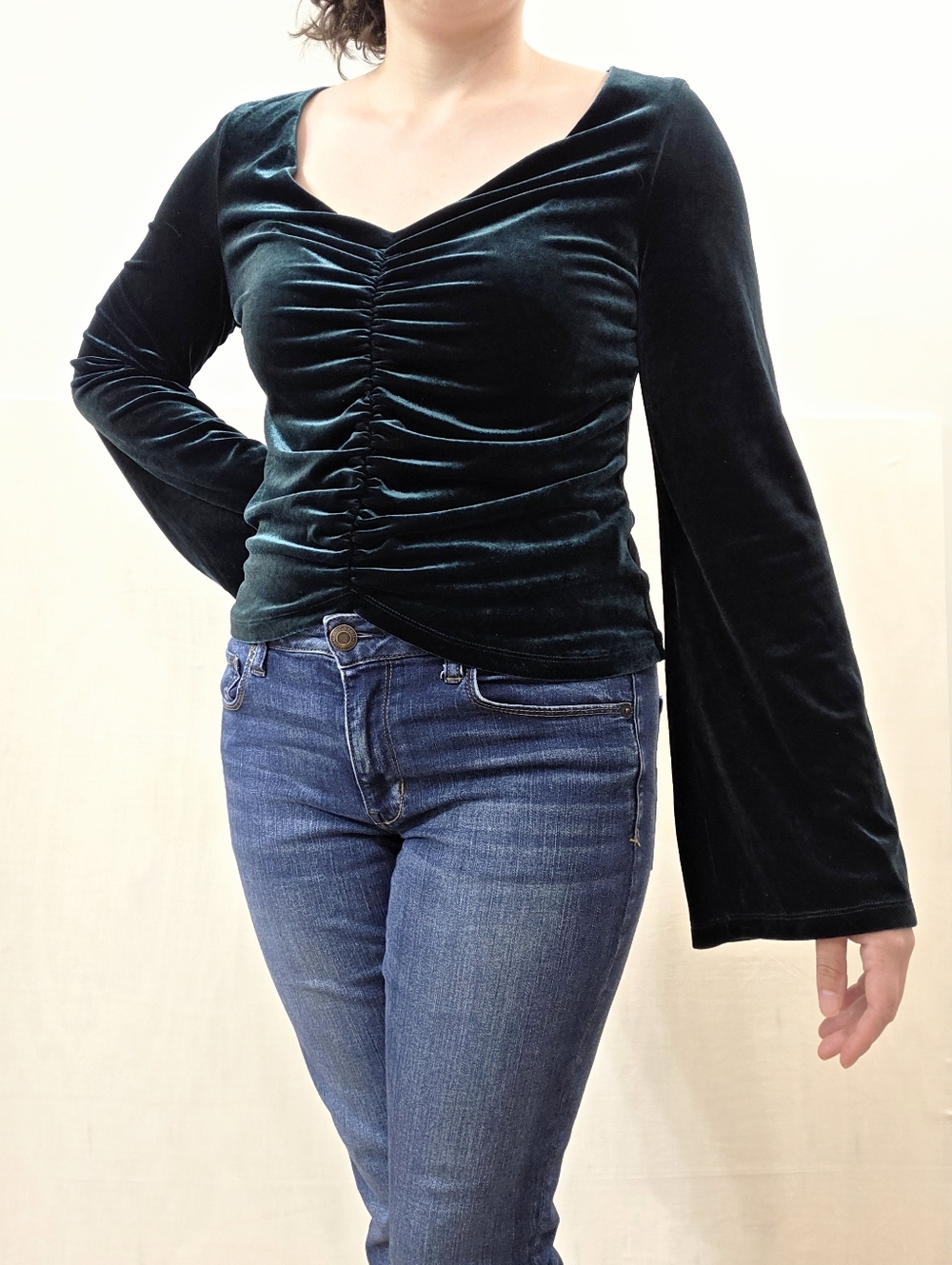 Urban Outfitters Green Velvet Ruched V-Neck Blouse Medium|Whimsigoth Fairy Moody